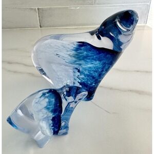 Polar Bears Art Glass Figurine Blue White Hand Blown Pair Large & Signed Sm Chip